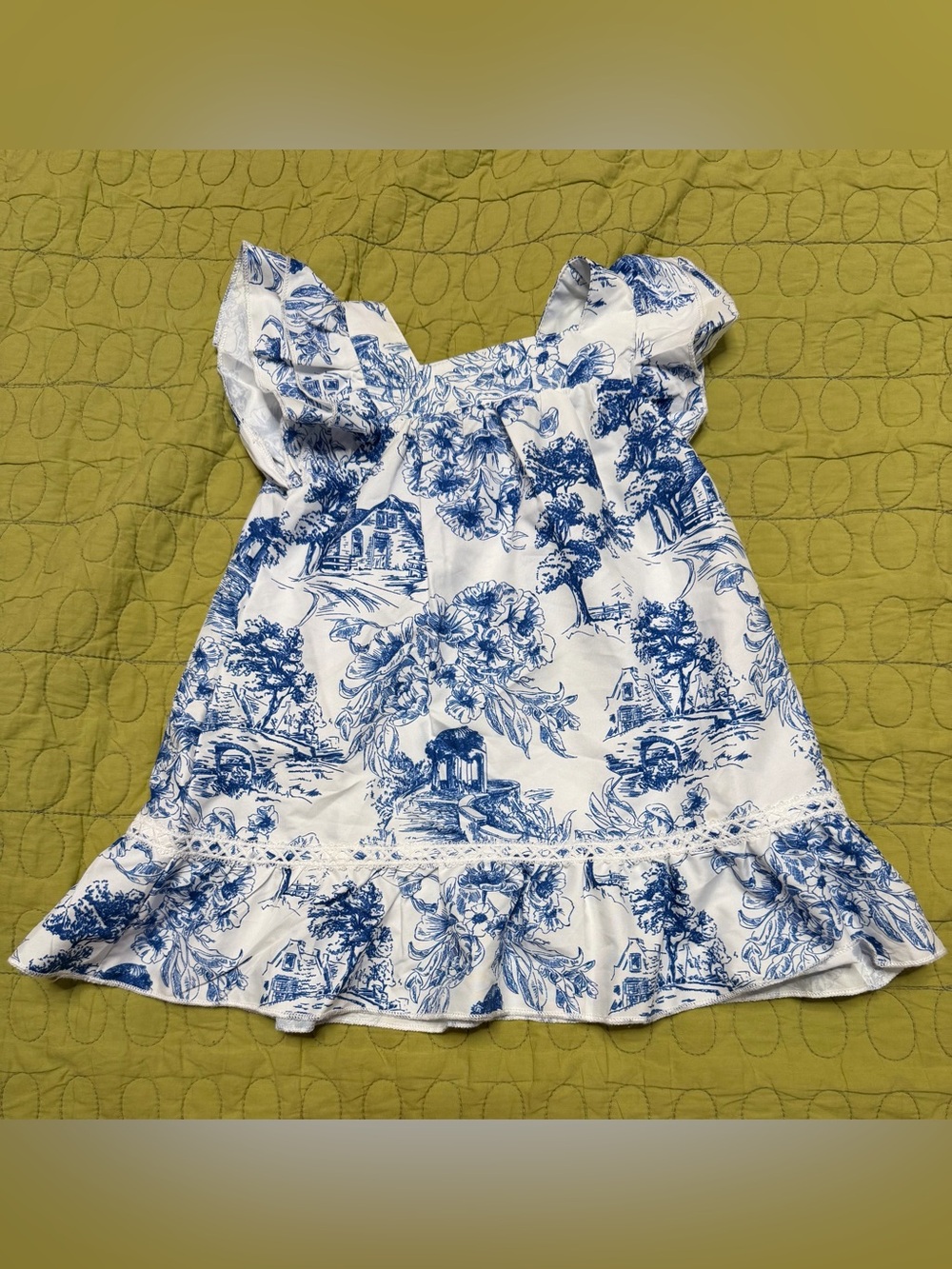 SHEIN White with Blue Toile Print and Ruffle Hem baby ruffle dress